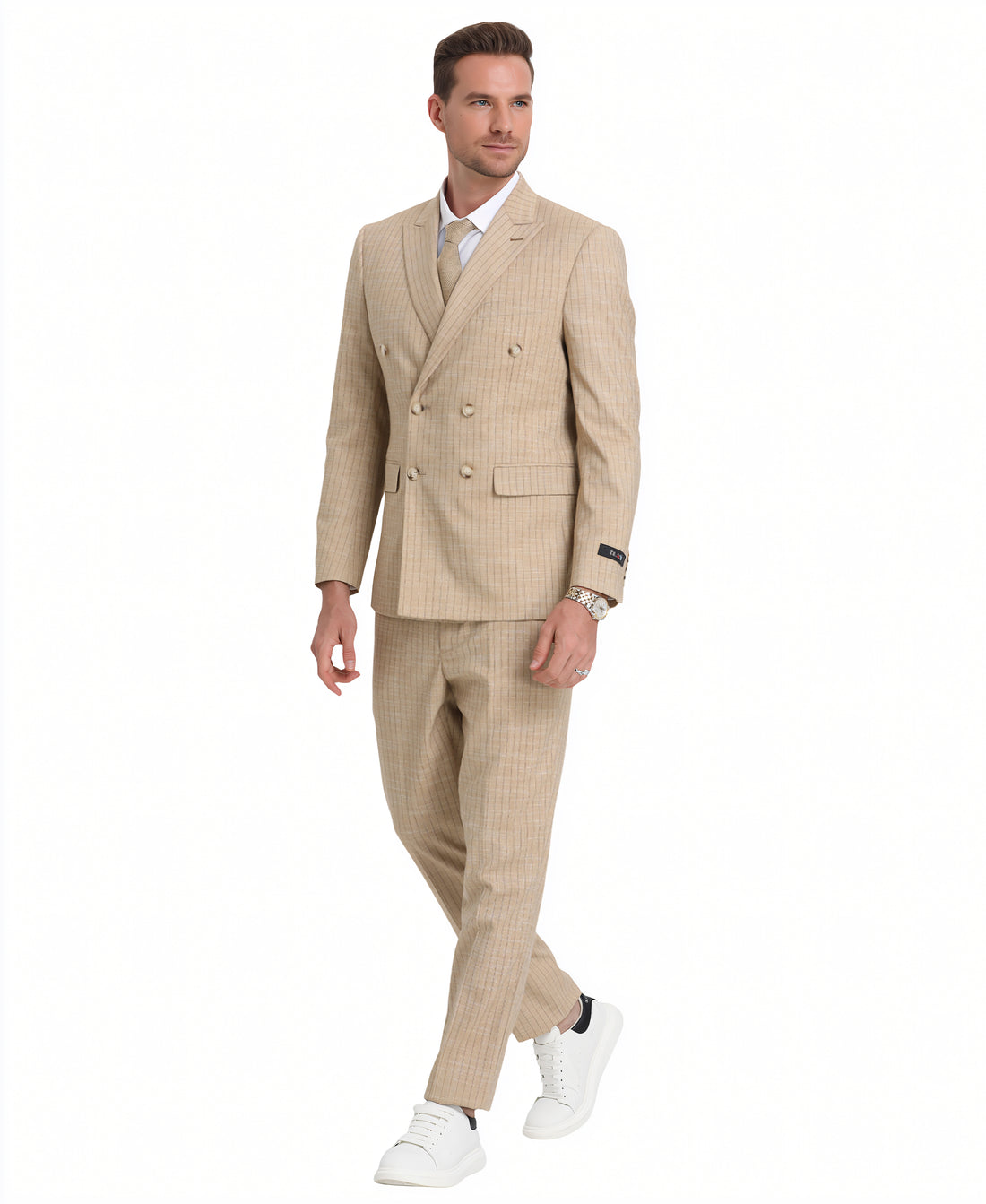 Tazzio Men's Khaki 2-Piece Double-Breasted Pinstripe Peak Lapel Suit