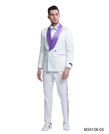 Tazzio Men's White & Purple 2-Piece Satin Shawl Collar Suit