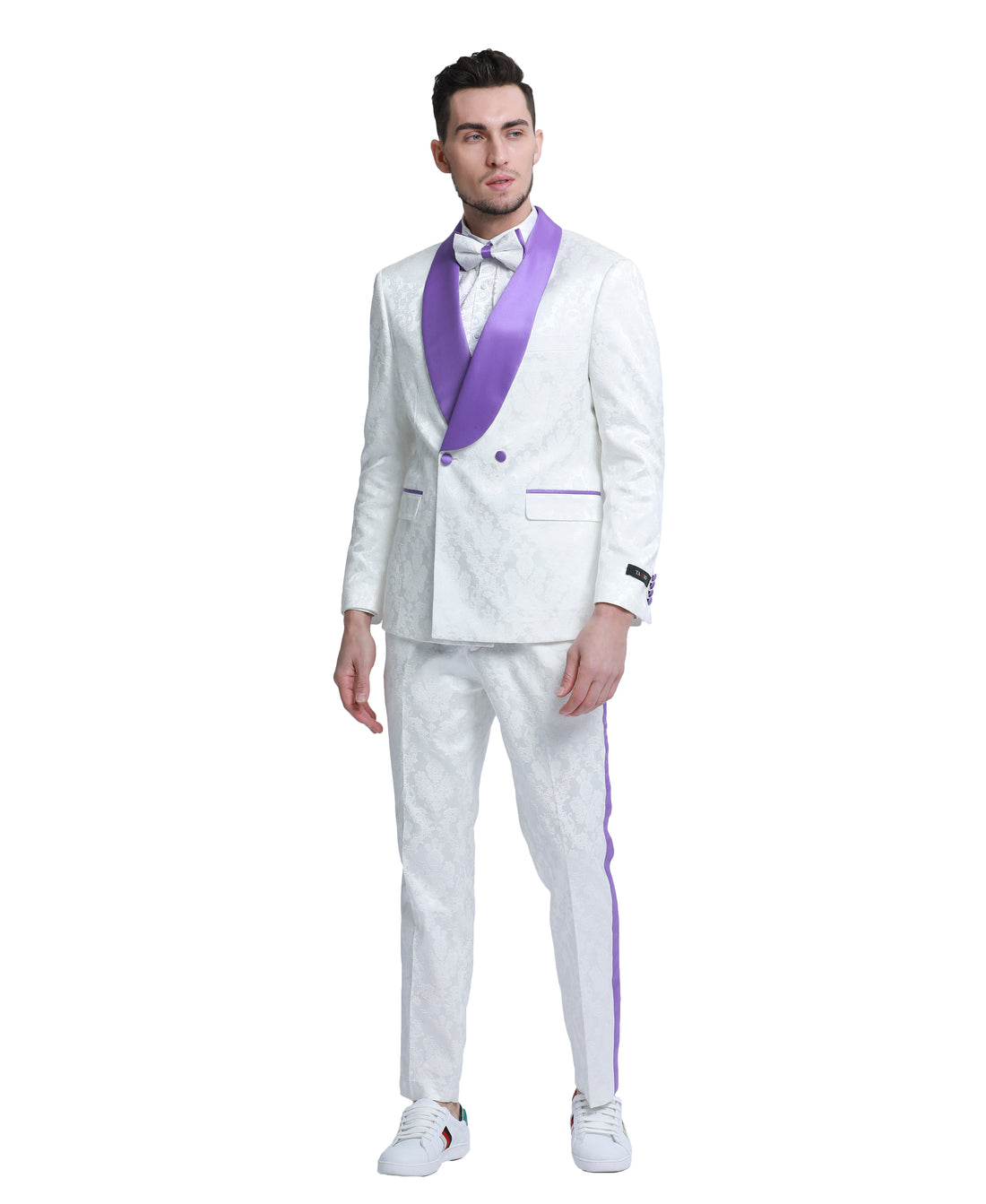 Tazzio Men's White & Purple 2-Piece Satin Shawl Collar Suit
