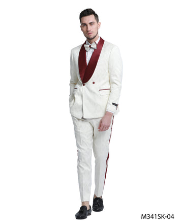 Tazzio Men's Ivory & Burgundy 2-Piece Satin Shawl Collar Suit
