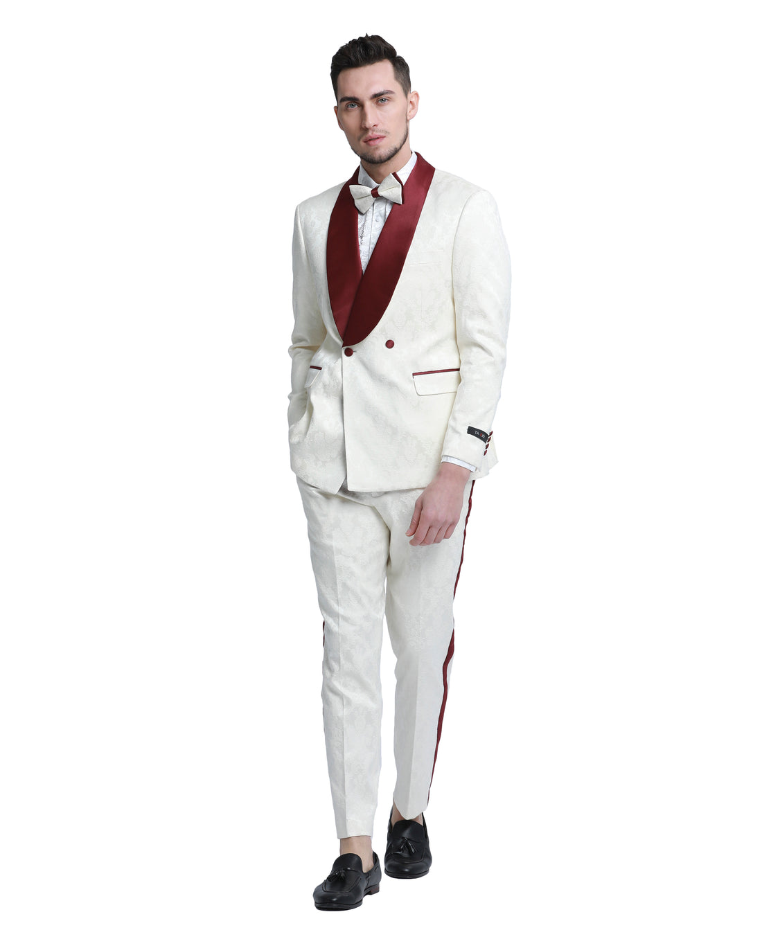Tazzio Men's Ivory & Burgundy 2-Piece Satin Shawl Collar Suit