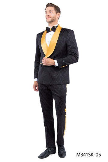 Tazzio Men's Black & Gold 2-Piece Satin Shawl Collar Suit
