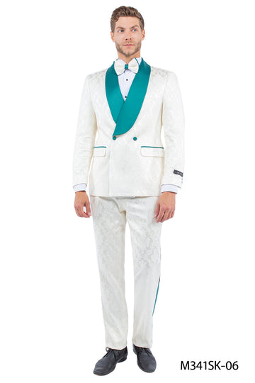 Men's Ivory & Emerald Green 2-Piece Satin Shawl Collar Suit