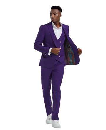 Men's Purple 3-Piece Peak Lapel Suit with Double-Breasted Vest