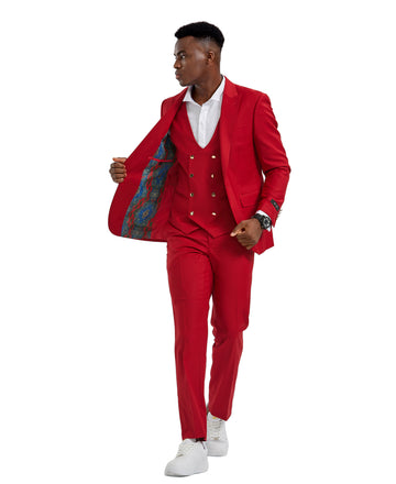 Men's Red 3-Piece Peak Lapel Suit with Double-Breasted Vest