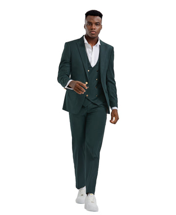 Men's Green 3-Piece Peak Lapel Suit with Double-Breasted Vest