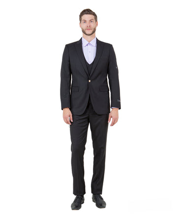 Men's Black 3-Piece Peak Lapel Suit with Double-Breasted Vest