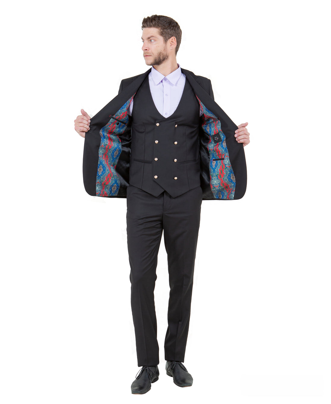 Men's Black 3-Piece Peak Lapel Suit with Double-Breasted Vest