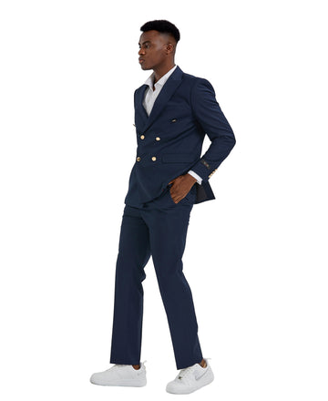 Men's Navy Double-Breasted Peak Lapel 2-Piece Suit