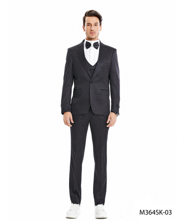 Tazzio Men's Black & White 3-Piece Satin Shawl Lapel Suit