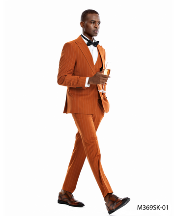 Tazzio Men's Rust 3-Piece Pinstripe Suit – Double-Breasted Vest
