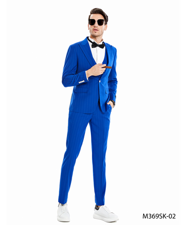 Tazzio Men's Royal Blue 3-Piece Pinstripe Suit – Double-Breasted Vest
