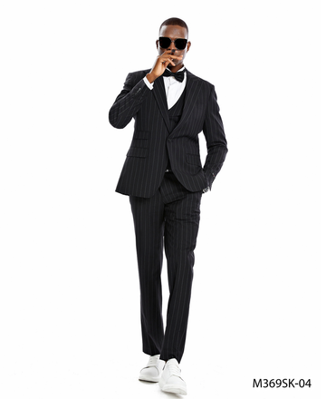 Tazzio Men's Black 3-Piece Pinstripe Suit – Double-Breasted Vest