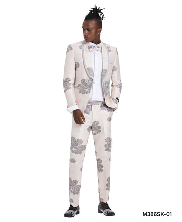 Tazzio Men's Blush & Silver Floral 2-Piece Shawl Collar Suit