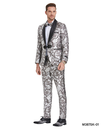 Tazzio Men's Multi Silver Paisley 2-Piece Suit – U-Shaped Shawl Vest