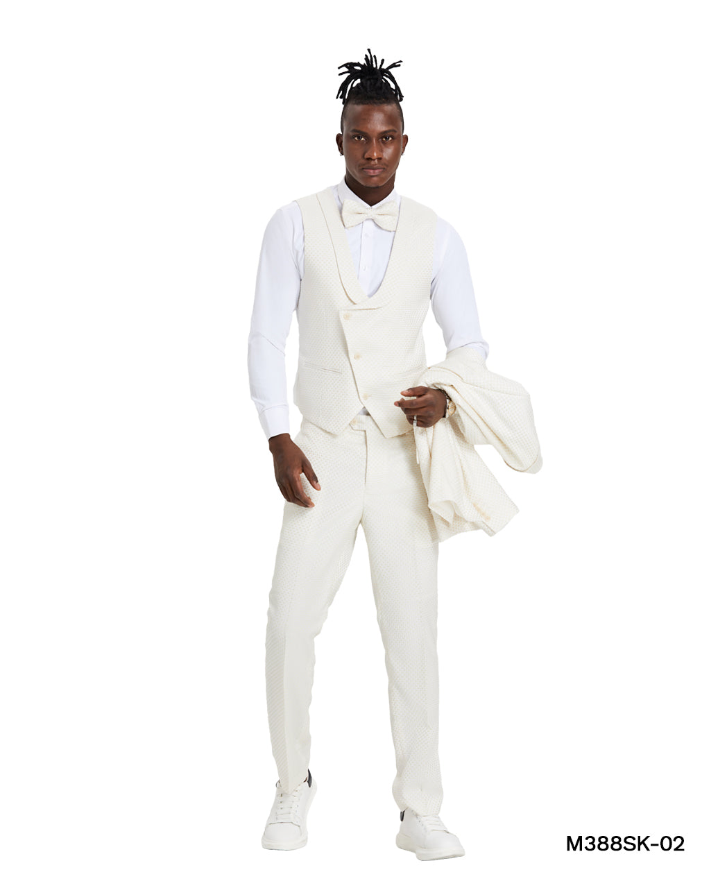 Tazzio Men's Champagne Polka Dot 3-Piece Suit with Bow Tie