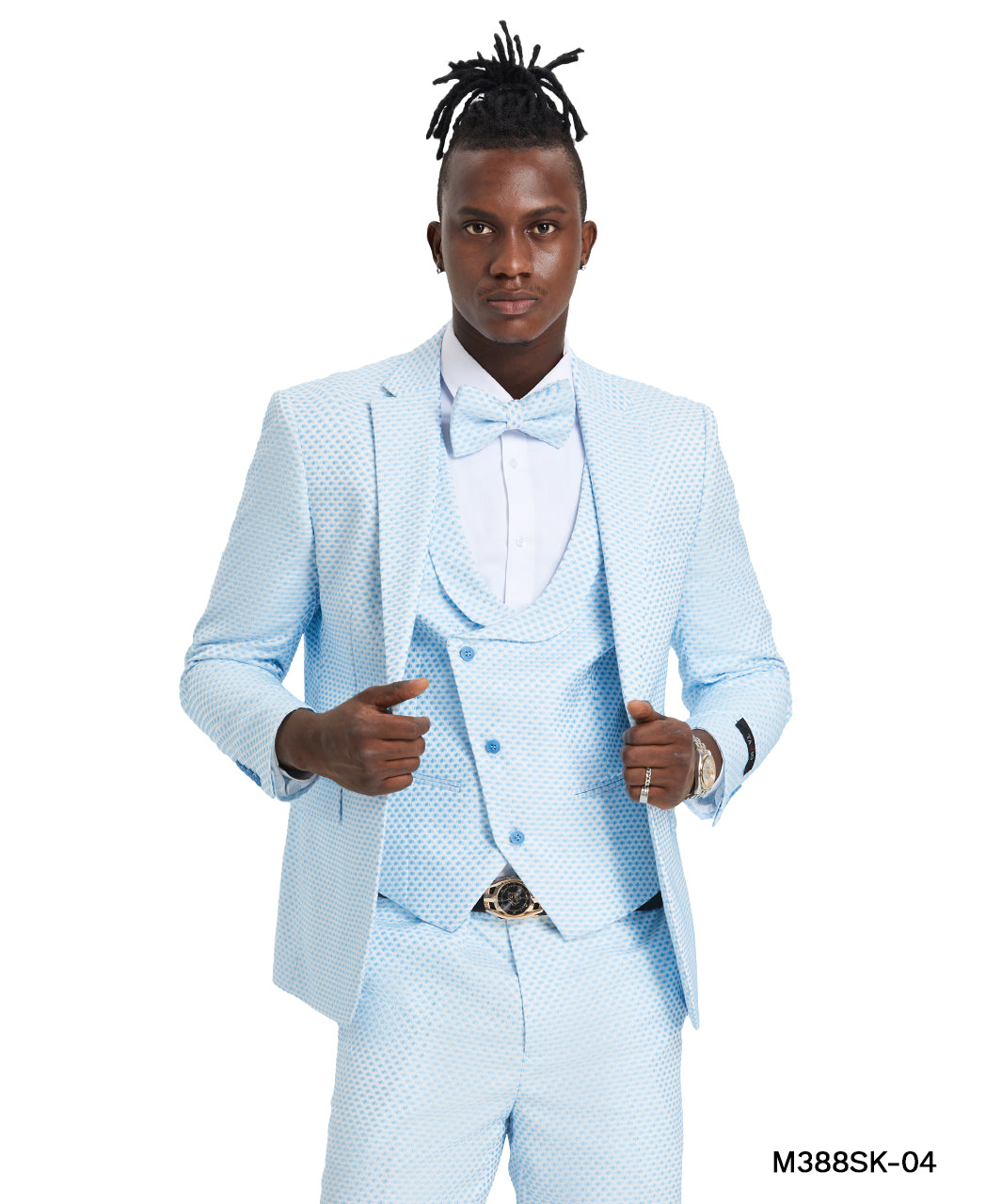Tazzio Men's Sky Blue 3-Piece Shiny Suit – U-Shape Vest