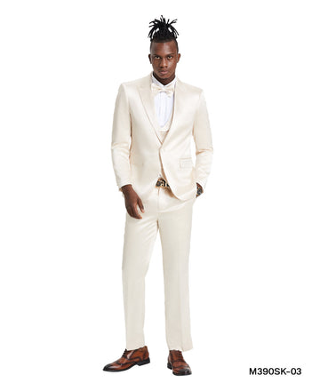 Tazzio Men's Champagne 3-Piece Shiny Suit – U-Shape Vest