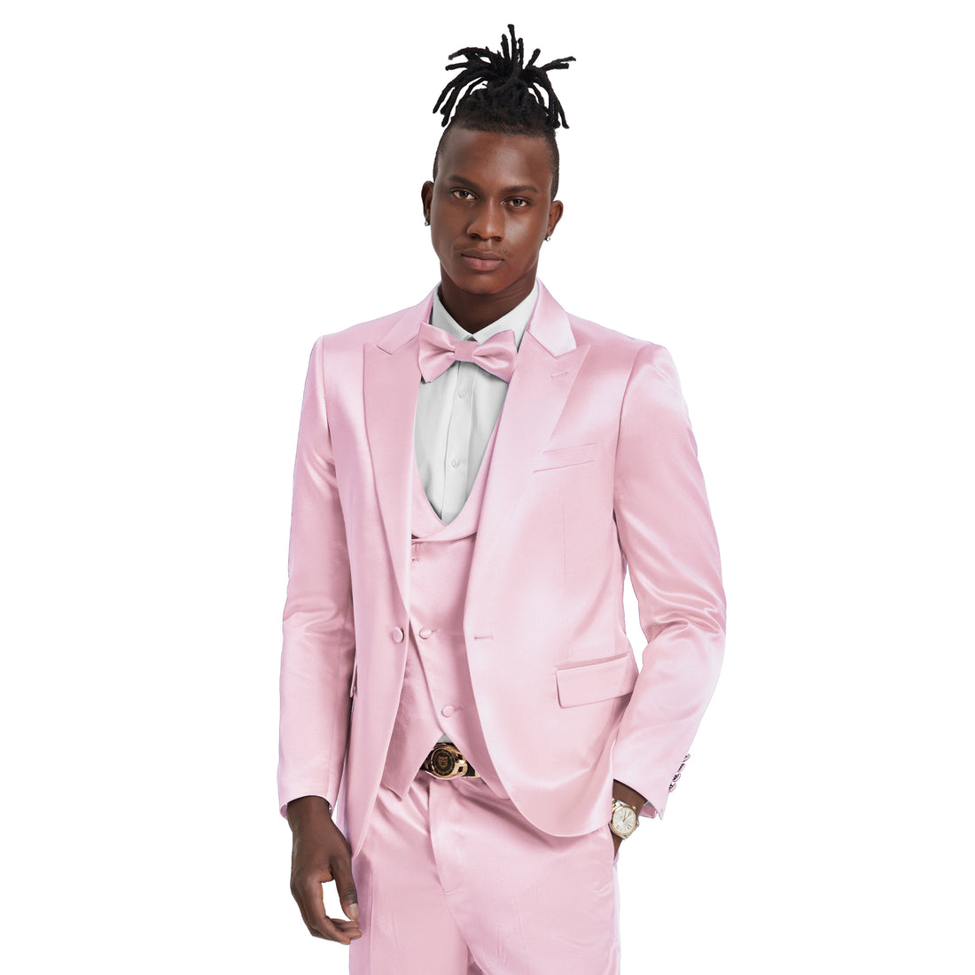 Tazzio Men's Dusty Rose 3-Piece Shiny Suit – U-Shape Vest