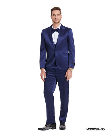 Tazzio Men's Dark Navy Blue 3-Piece Shiny Suit – U-Shape Vest