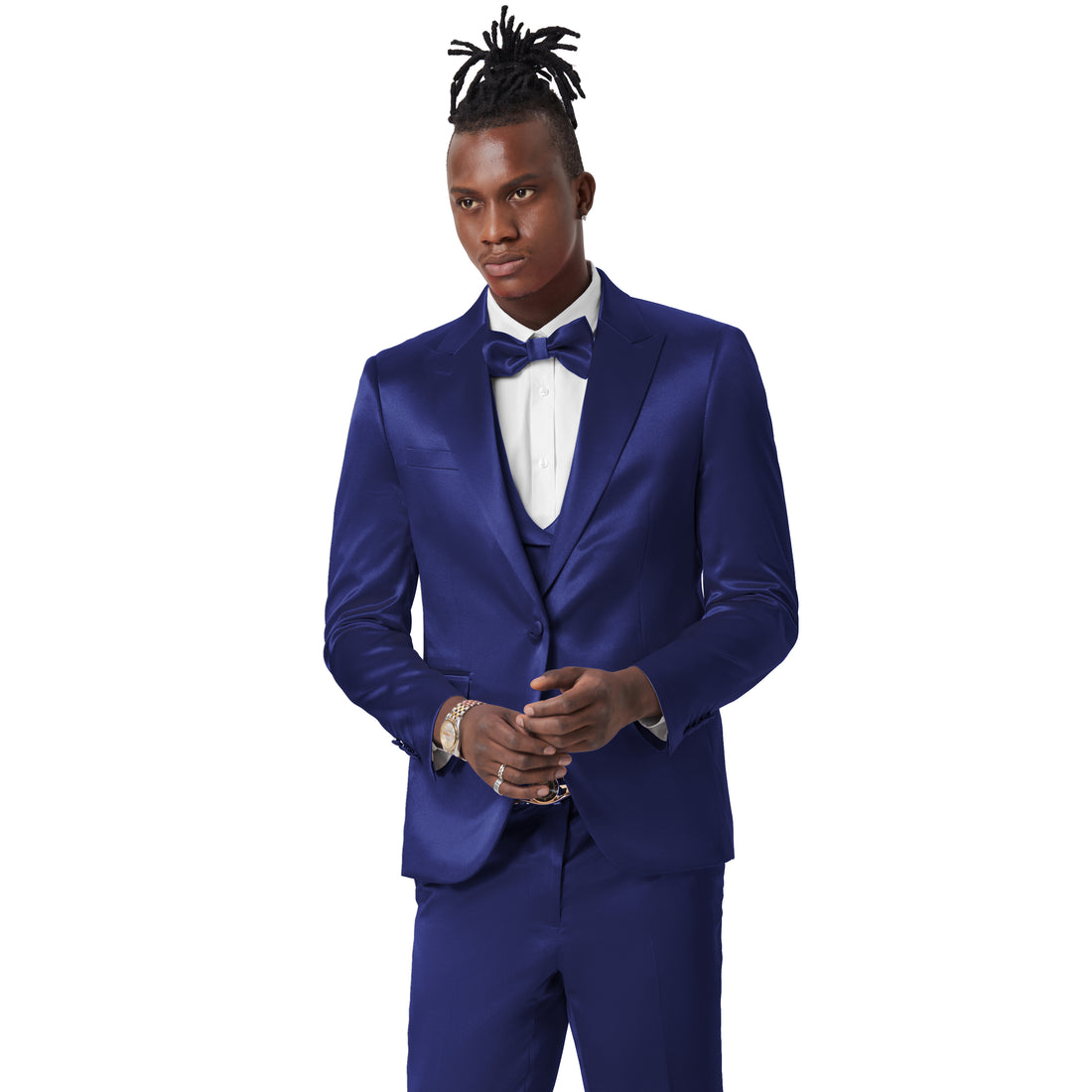 Tazzio Men's Dark Navy Blue 3-Piece Shiny Suit – U-Shape Vest