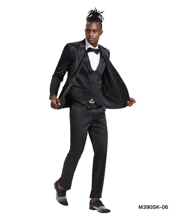 Tazzio Men's Black 3-Piece Shiny Suit – U-Shape Vest