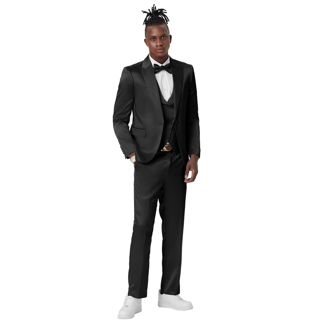 Tazzio Men's Black 3-Piece Shiny Suit – U-Shape Vest
