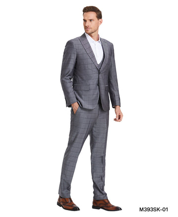 Tazzio Men's Grey Window Plaid 3-Piece Suit – Double-Breasted U-Shape Vest