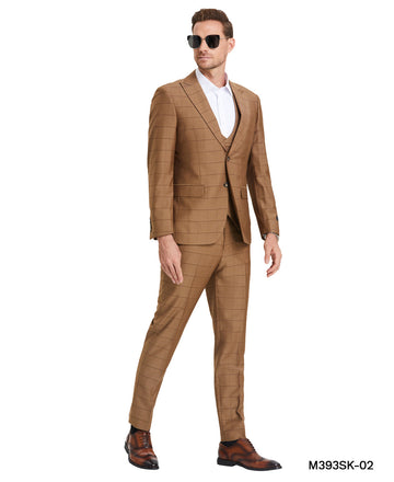 Tazzio Men's Walnut Window Plaid 3-Piece Suit – U-Shape Vest