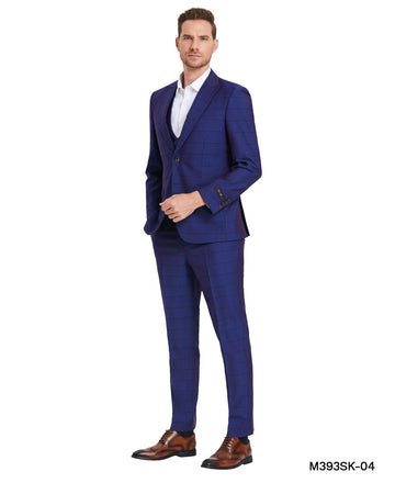 Tazzio Men's Admiral Blue Window Plaid 3-Piece Suit – U-Shape Vest