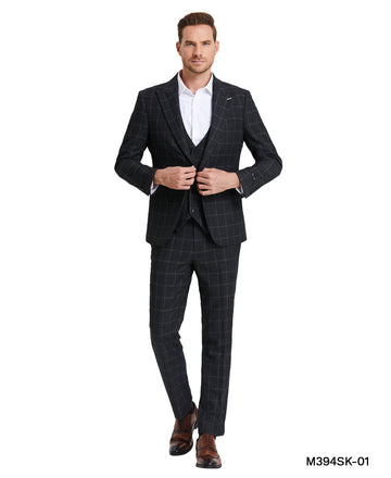 Tazzio Men's Dark Grey Windowpane Slim Fit Suit – Peak Lapel