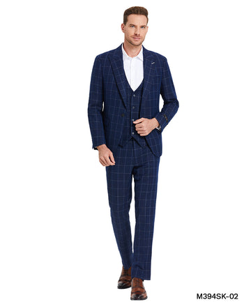 Tazzio Men's Blue Windowpane Slim Fit Suit – Peak Lapel 1-Button