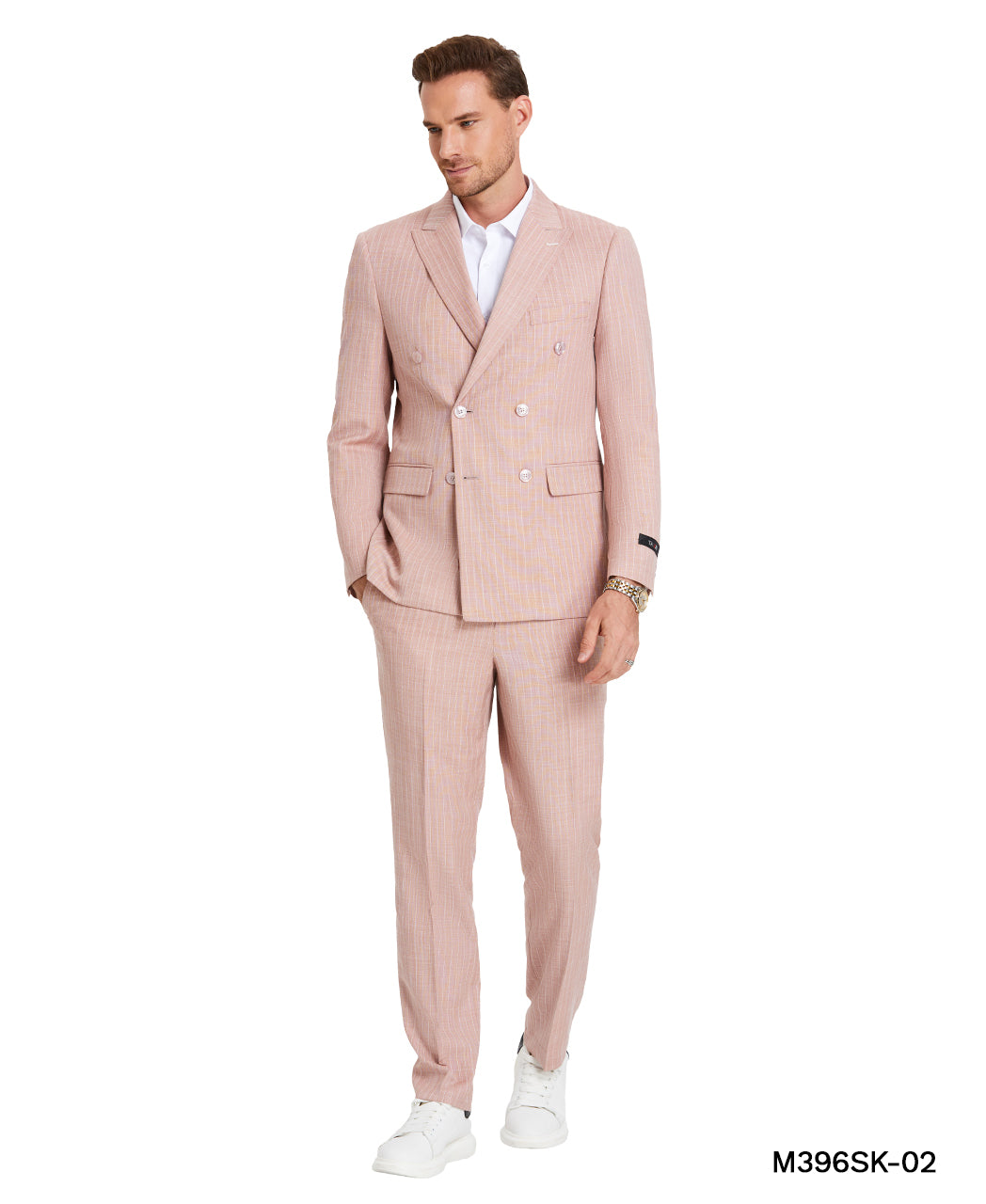 Tazzio Men's Dusty Rose 2-Piece Double-Breasted Pinstripe Suit