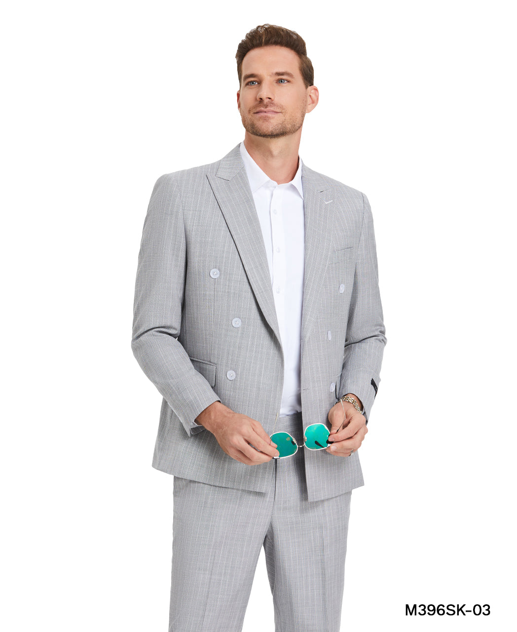 Tazzio Men's Light Grey 2-Piece Double-Breasted Pinstripe Suit