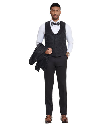 Tazzio Men's Black 3-Piece Paisley Satin Suit – Shawl Lapel & Collared Vest