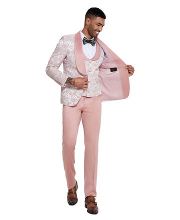 Tazzio Men's Pink 3-Piece Paisley Satin Suit – Shawl Lapel & Collared Vest