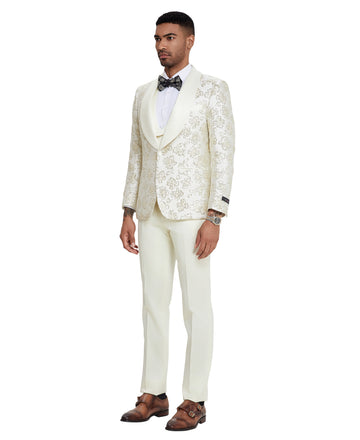 Tazzio Men's Ivory & Gold 3-Piece Satin Suit – Shawl Lapel