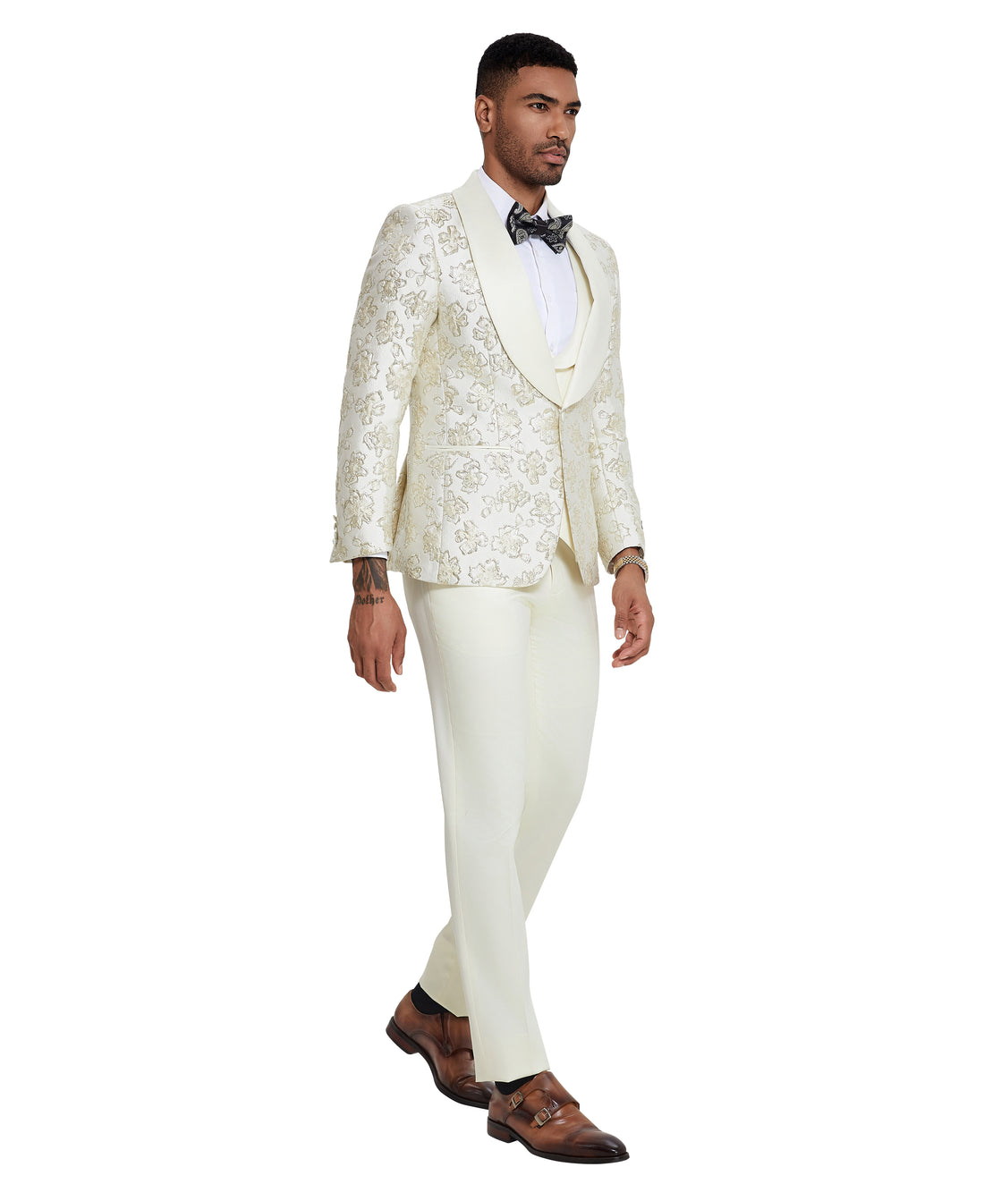Tazzio Men's Ivory & Gold 3-Piece Satin Suit – Shawl Lapel