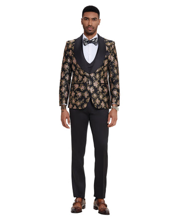 Tazzio Men's Black & Gold 3-Piece Solid Satin Shawl Lapel Suit