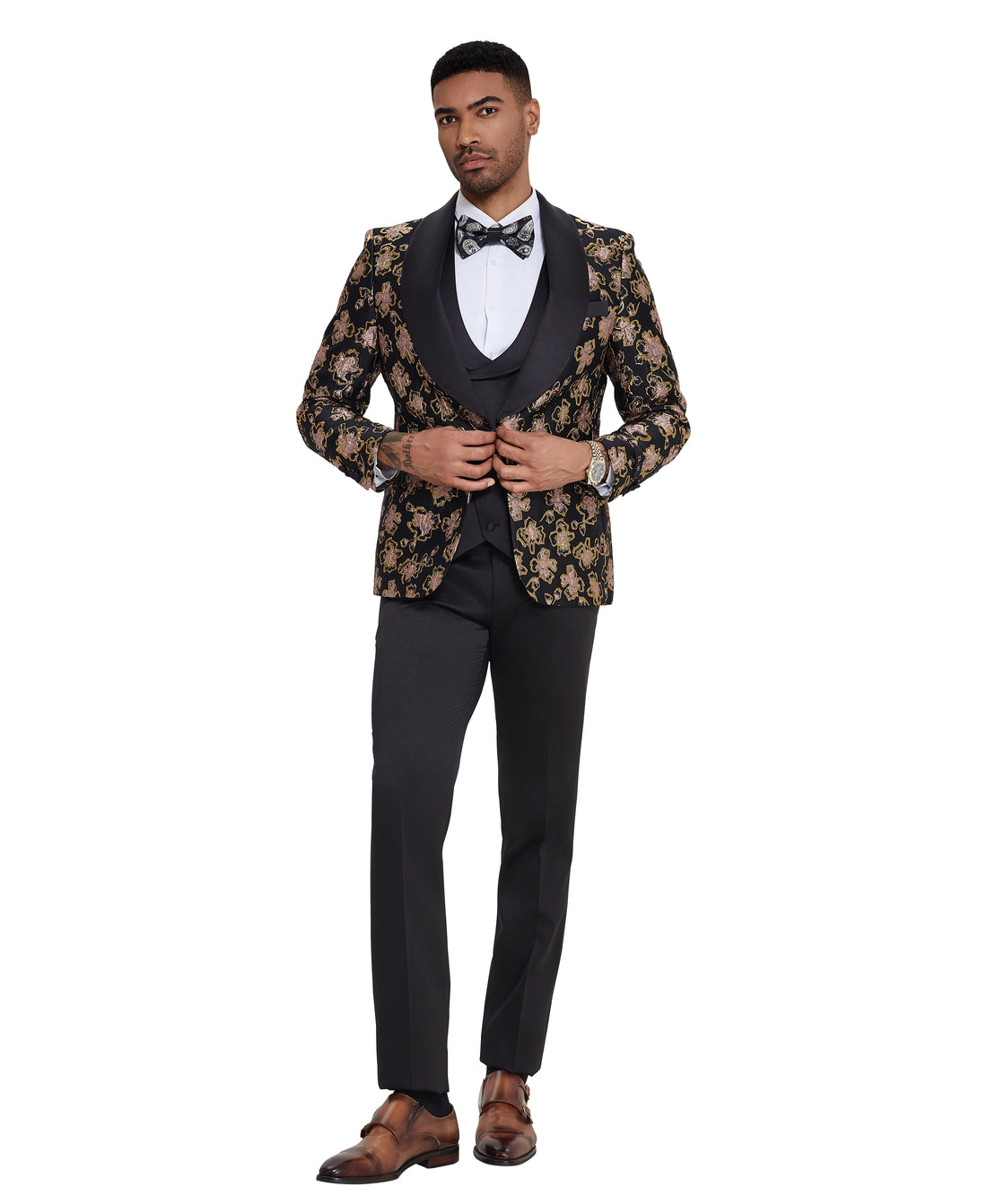 Tazzio Men's Black & Gold 3-Piece Solid Satin Shawl Lapel Suit