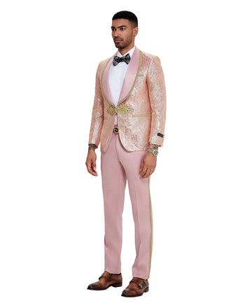 Tazzio Men's Pink & Gold 2-Piece Ornate Floral Formal Suit