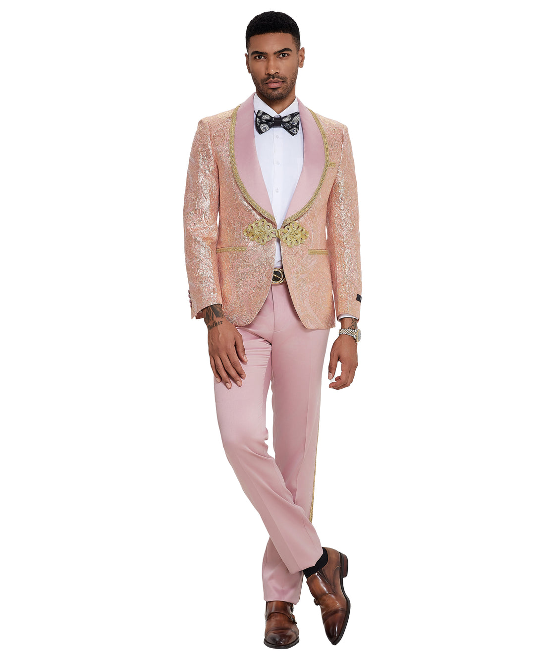 Tazzio Men's Pink & Gold 2-Piece Ornate Floral Formal Suit