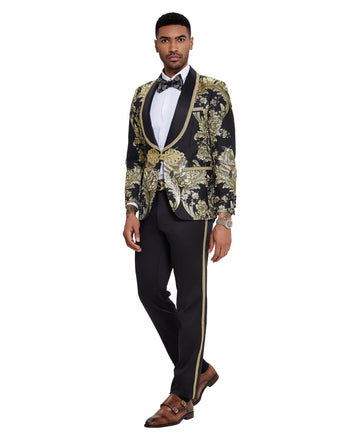 Tazzio Men's Black & Gold 2-Piece Ornate Floral Formal Suit