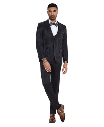 Tazzio Men's Black 3-Piece Floral Jacquard Suit