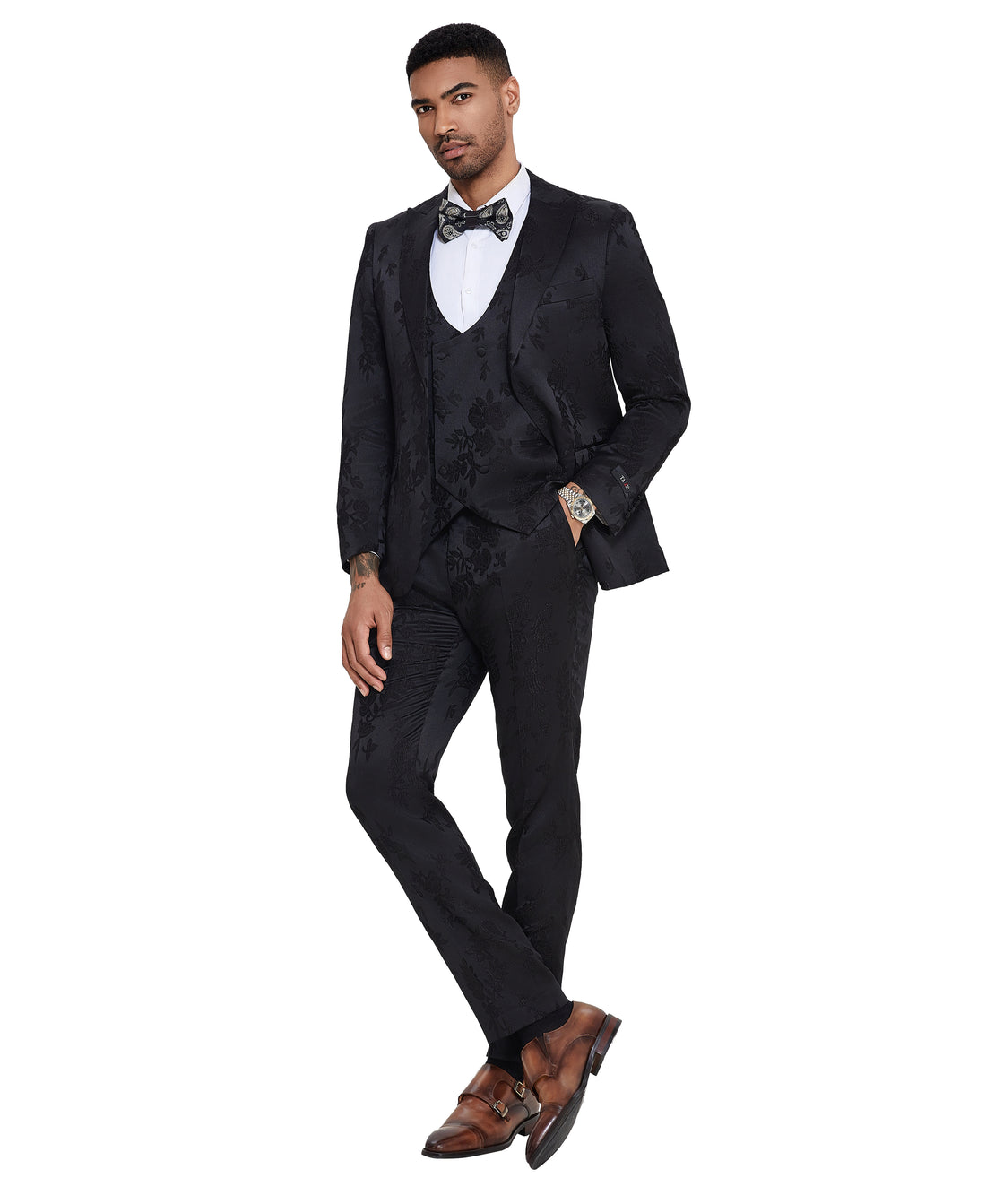 Tazzio Men's Black 3-Piece Floral Jacquard Suit
