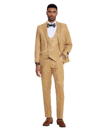 Tazzio Men's Gold 3-Piece Floral Jacquard Suit