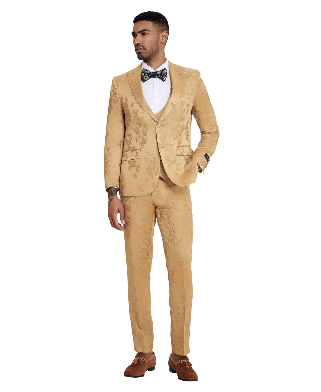Tazzio Men's Gold 3-Piece Floral Jacquard Suit