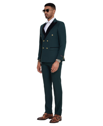 Tazzio Men's Dark Green 2-Piece Solid Satin Peak Lapel Double-Breasted Suit