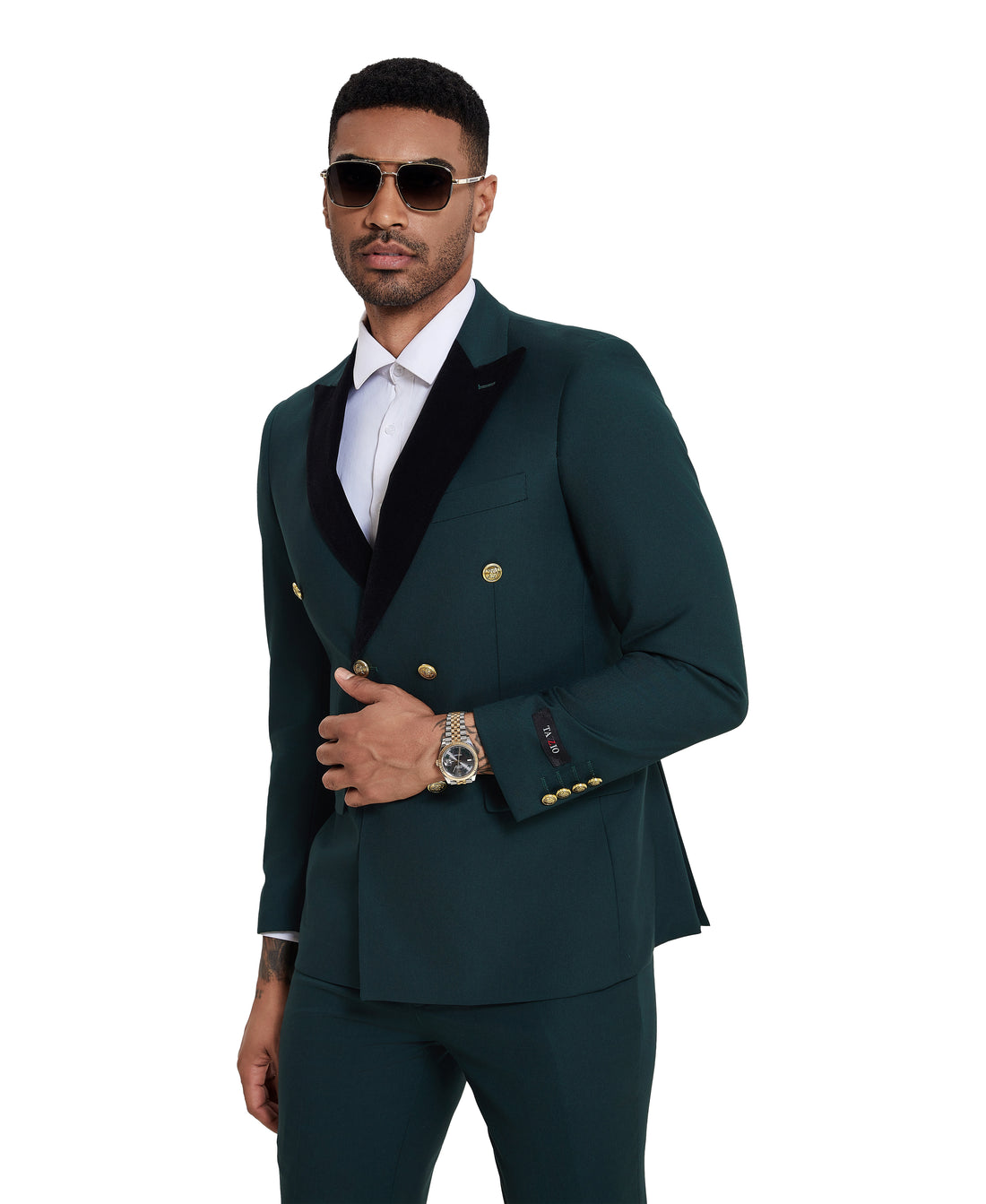Tazzio Men's Dark Green 2-Piece Solid Satin Peak Lapel Double-Breasted Suit