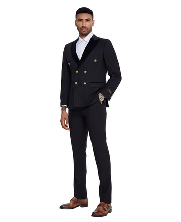 Tazzio Men's Black 2-Piece Solid Satin Peak Lapel Double-Breasted Suit